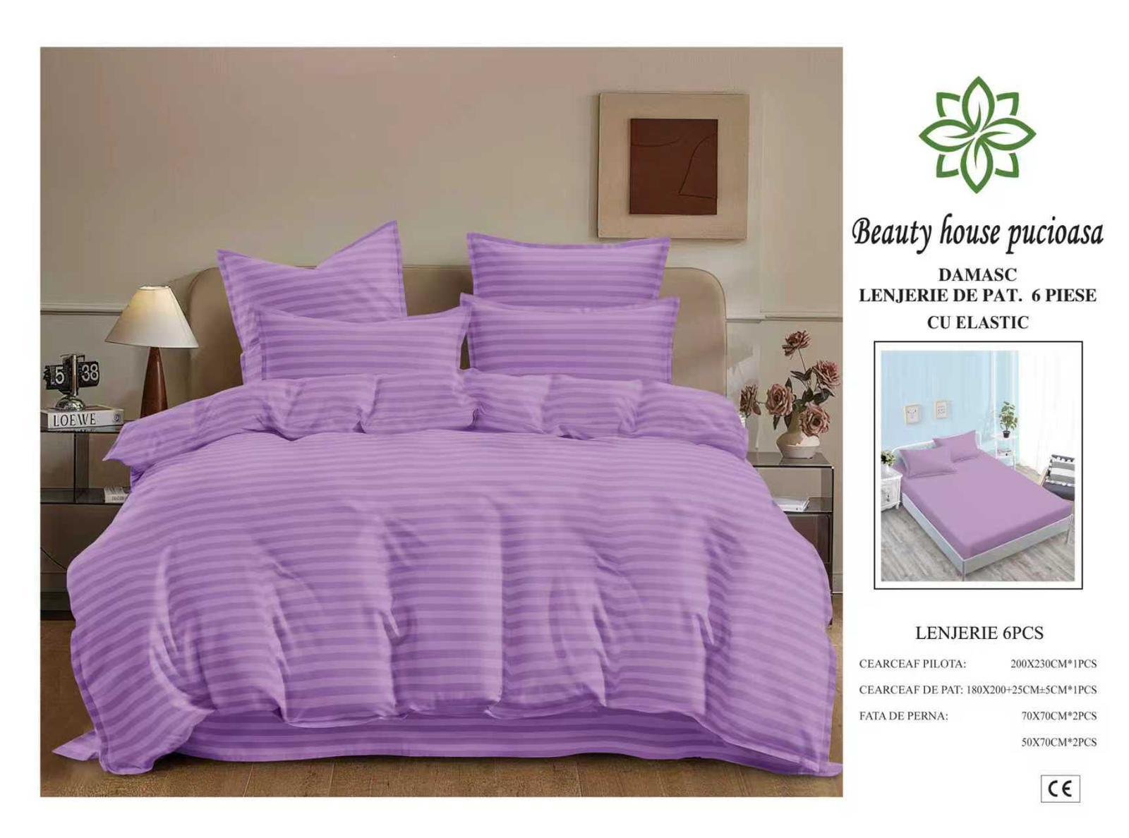 Lenjerie de Pat Damasc 6 Piese 180x200 cu Elastic – Bumbac Premium