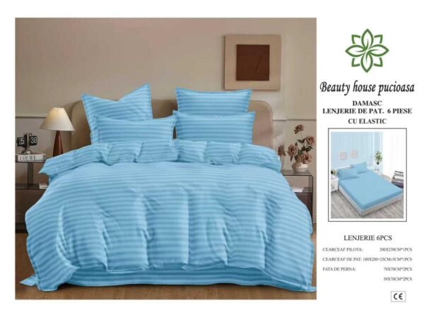 Lenjerie de Pat Damasc 6 Piese 180x200 cu Elastic – Bumbac Premium