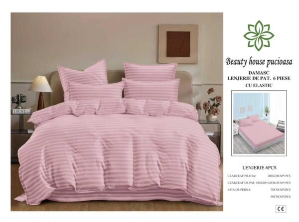 Lenjerie de Pat Damasc 6 Piese 180x200 cu Elastic – Bumbac Premium
