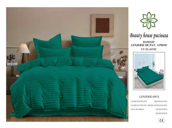 Lenjerie de Pat Damasc 6 Piese 180x200 cu Elastic – Bumbac Premium