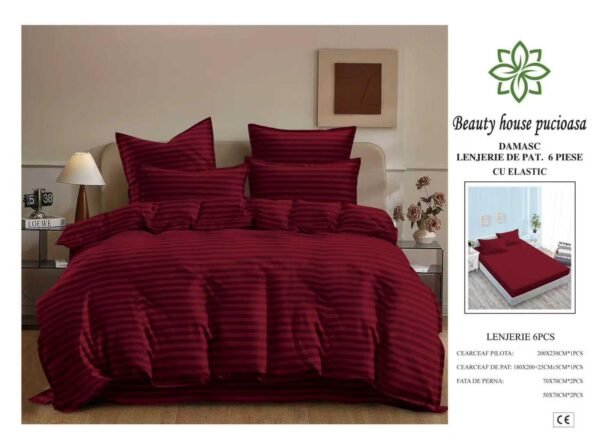 Lenjerie de Pat Damasc 6 Piese 180x200 cu Elastic – Bumbac Premium