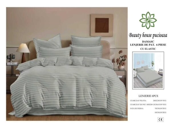 Lenjerie de Pat Damasc 6 Piese 180x200 cu Elastic – Bumbac Premium