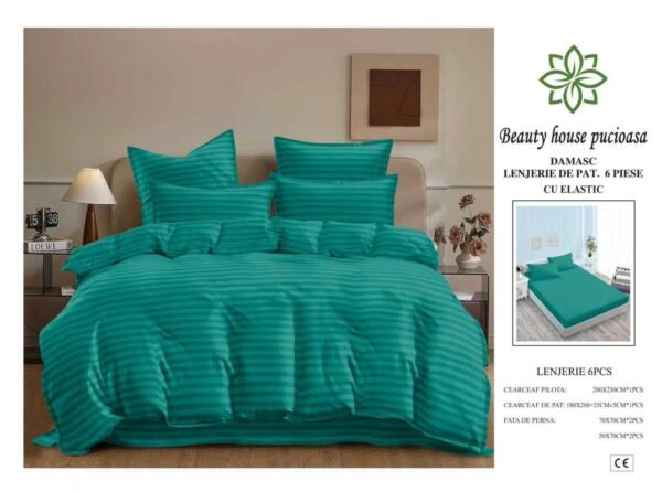 Lenjerie de Pat Damasc 6 Piese 180x200 cu Elastic – Bumbac Premium