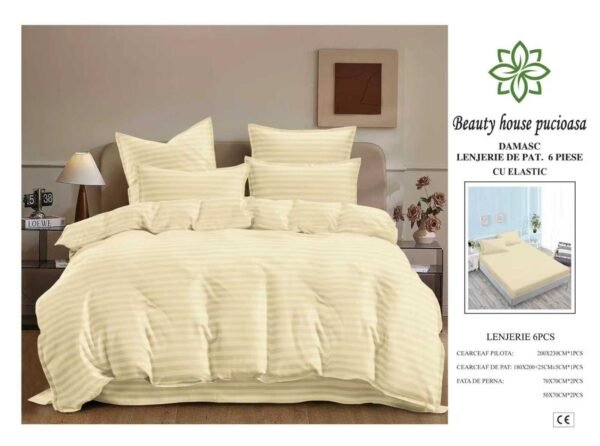 Lenjerie de Pat Damasc 6 Piese 180x200 cu Elastic – Bumbac Premium