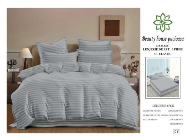 Lenjerie de Pat Damasc 6 Piese 180x200 cu Elastic – Bumbac Premium