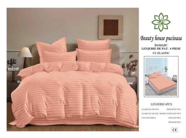 Lenjerie de Pat Damasc 6 Piese 180x200 cu Elastic – Bumbac Premium