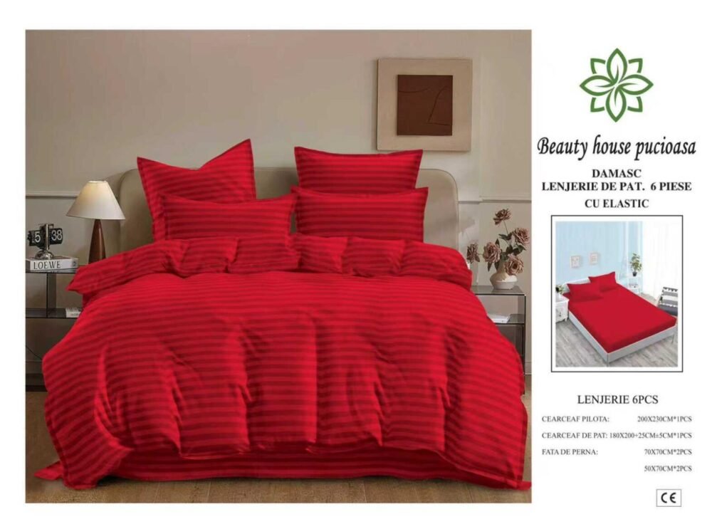 Lenjerie de Pat Damasc 6 Piese 180x200 cu Elastic – Bumbac Premium