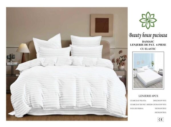 Lenjerie de Pat Damasc 6 Piese 180x200 cu Elastic – Bumbac Premium