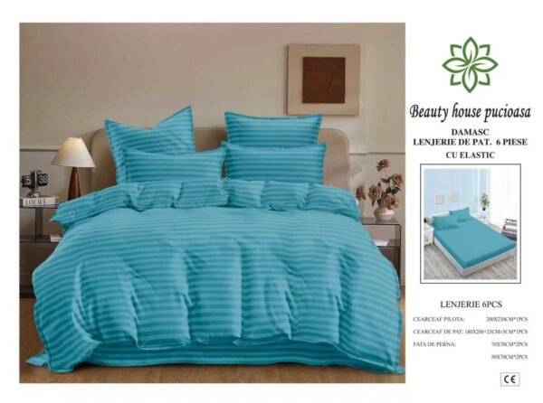 Lenjerie de Pat Damasc 6 Piese 180x200 cu Elastic – Bumbac Premium