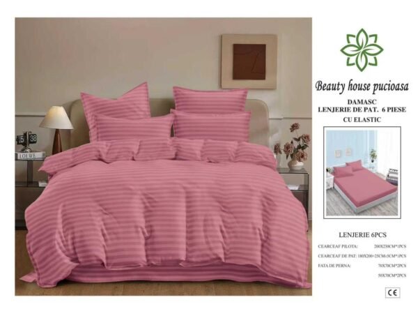 Lenjerie de Pat Damasc 6 Piese 180x200 cu Elastic – Bumbac Premium