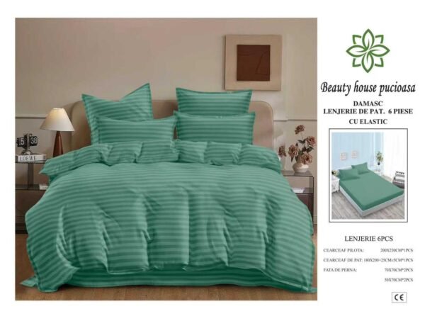 Lenjerie de Pat Damasc 6 Piese 180x200 cu Elastic – Bumbac Premium