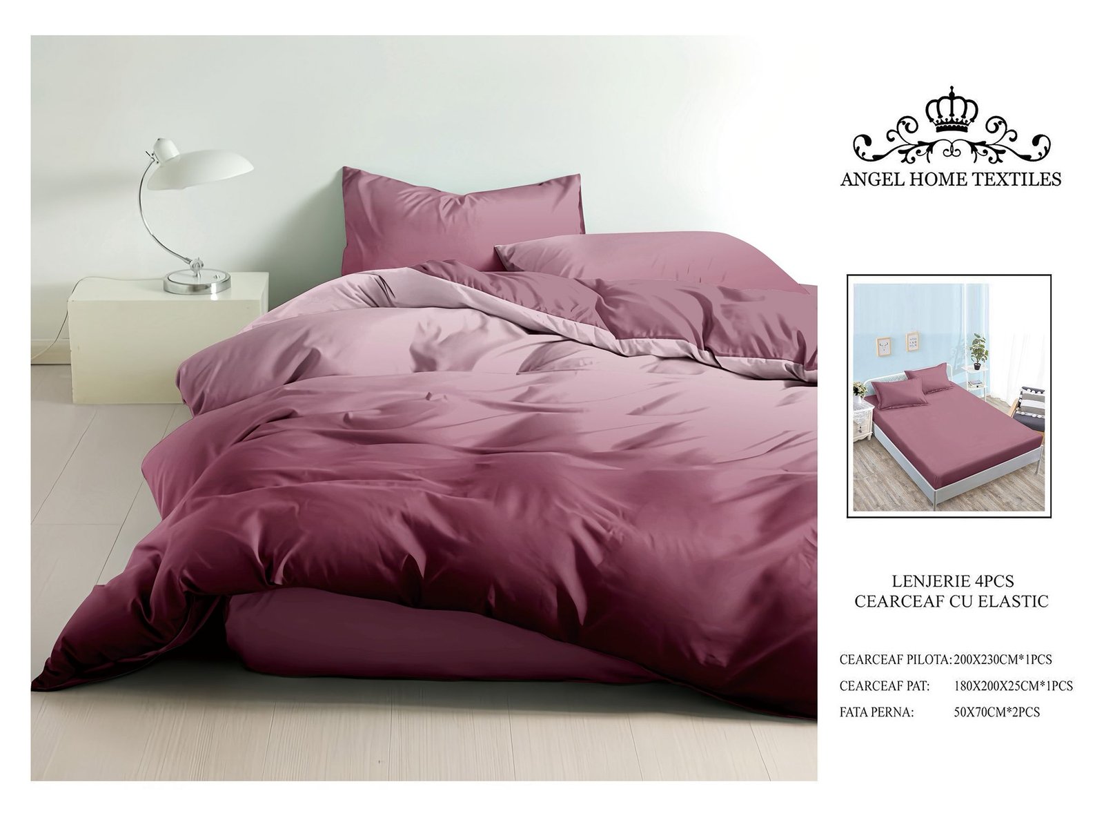 Lenjerie de pat degrade cu elastic 4p - bordo
