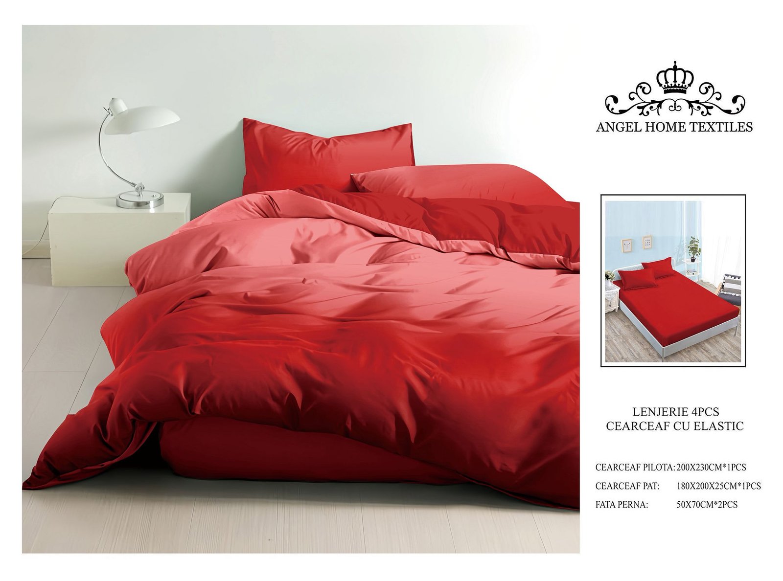 Lenjerie de pat degrade cu elastic 4p - rosu